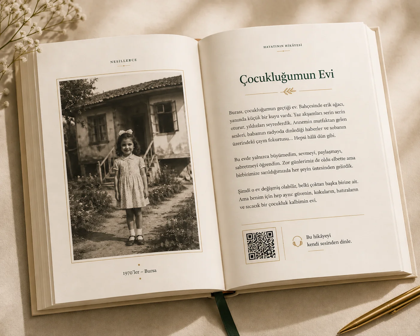 Çocukluk hikâyesi ve aile fotoğrafıyla hazırlanmış örnek kitap sayfası